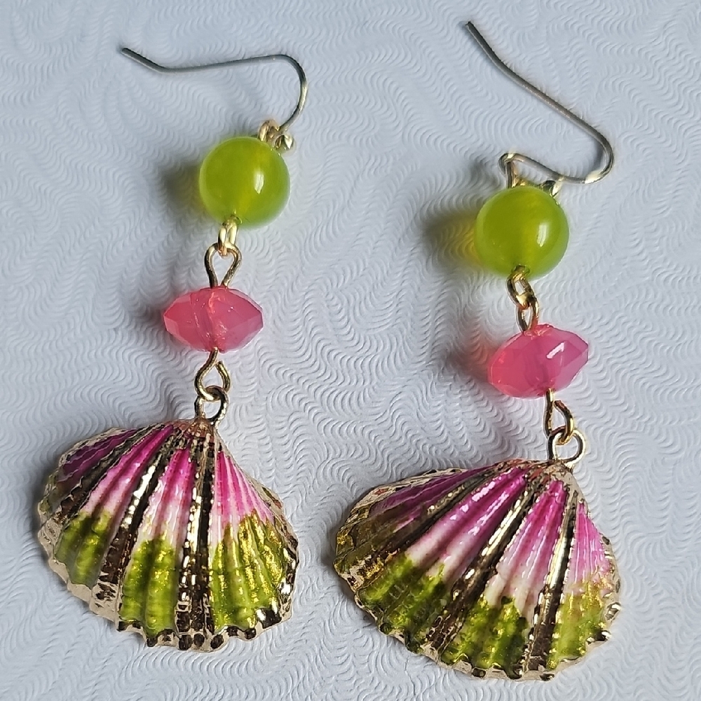 Tropical Lime Green and Pink Seashell Earrings